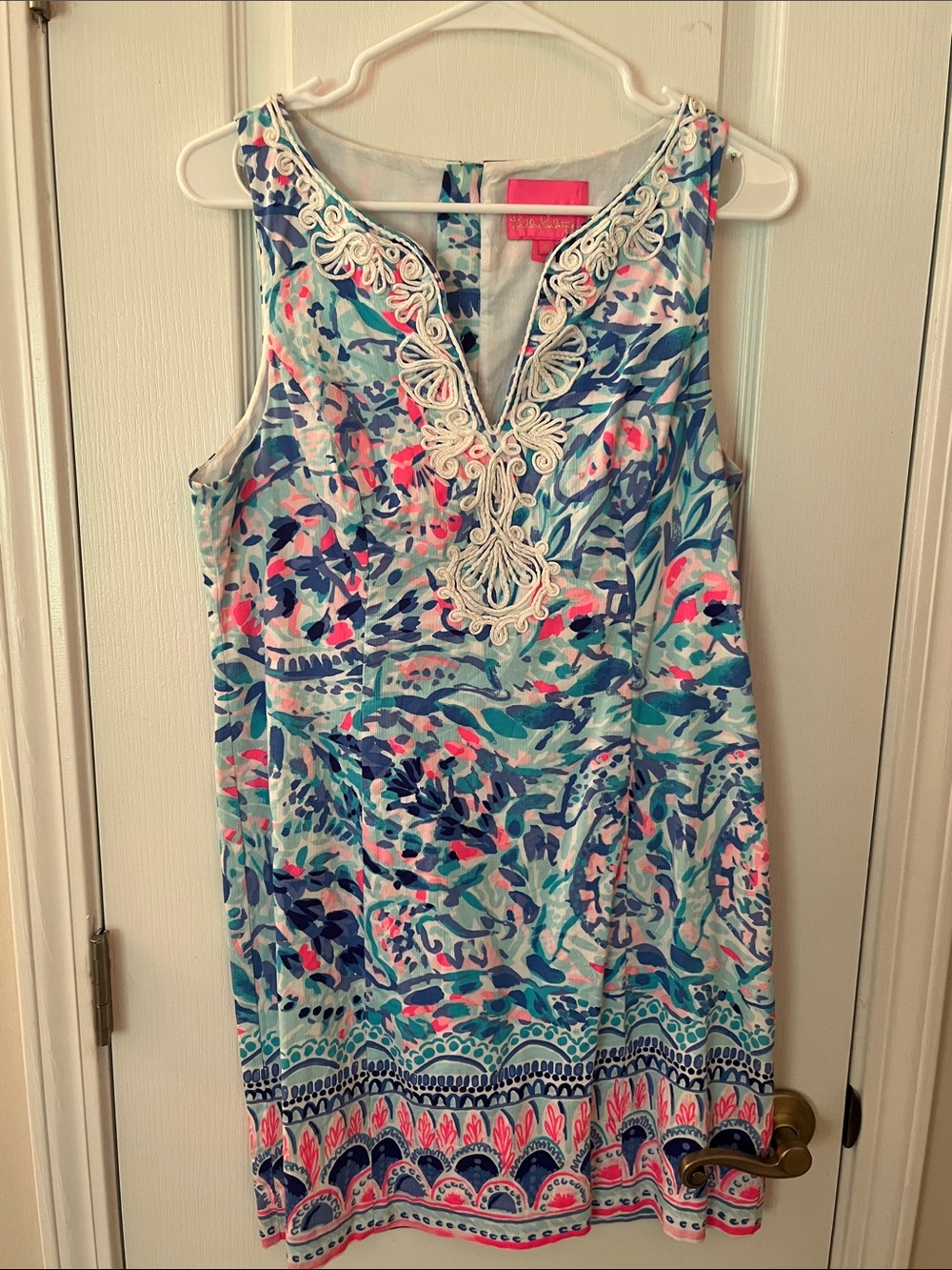 Lilly Pulitzer Sleeveless Embroidered V-Neck Shift Dress in Aqua, Navy, Pink